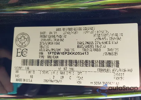 2019 Ford F-150 Xlt из США, поврежденный, VIN 1FTEW1EP2KKD53413